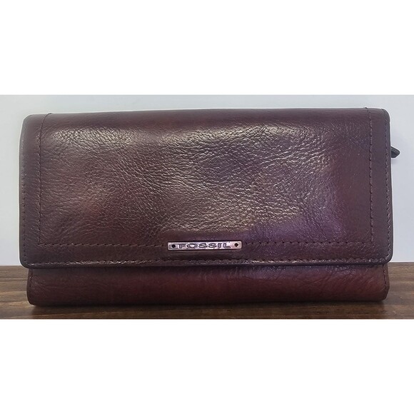 Vintage Fossil Brown Leather Trifold Check Book Credit Card Wallet 7"X4" - Picture 1 of 16